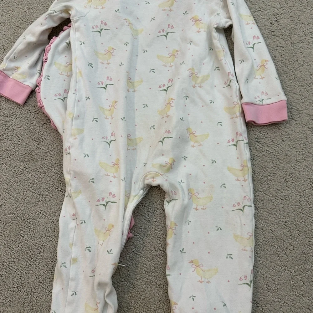 Kids Pink Trim White Floral Duck Print Pajamas
